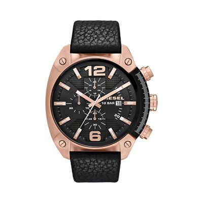Men's 'Overflow' black dial & leather strap watch dz4297